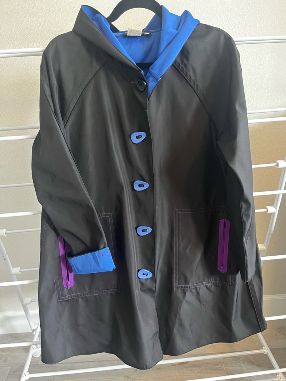 Reversible Black/Blue Hooded Rain Coat with Blue Accents